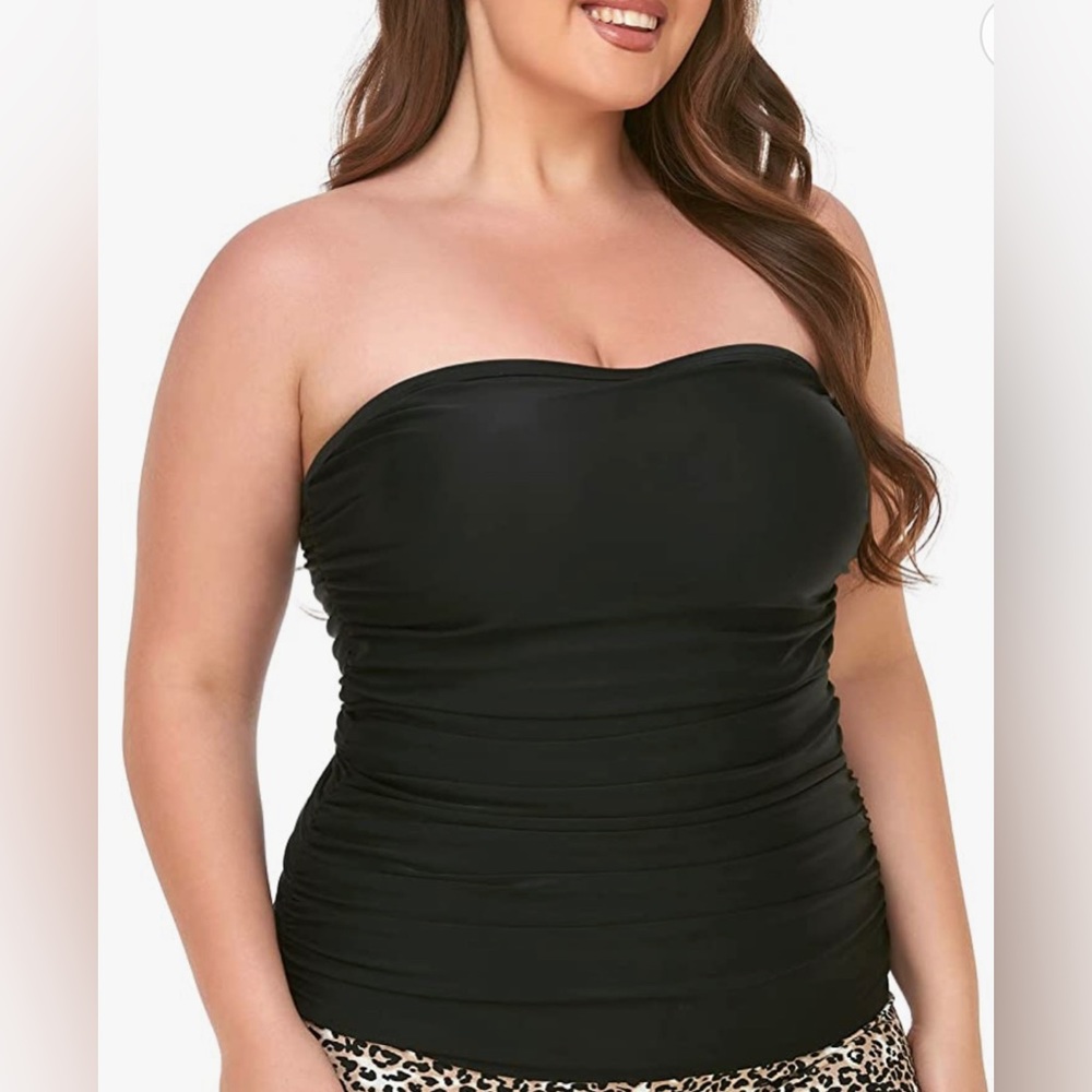 Ocean Blues  Black BandeauTankini Top Ruched Tummy Control Removable Str… - Picture 2 of 9